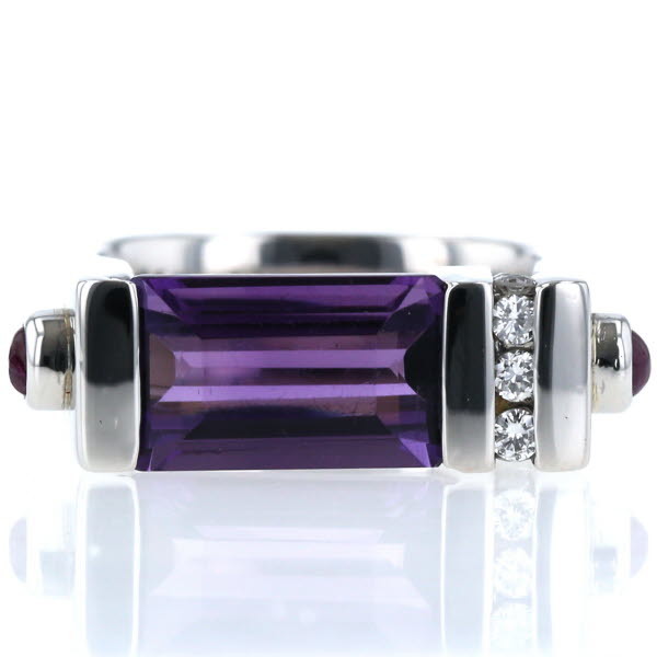 Pt900 プラチナ リング ダイヤモンド 0.19ct アメジスト ルビー 長方形