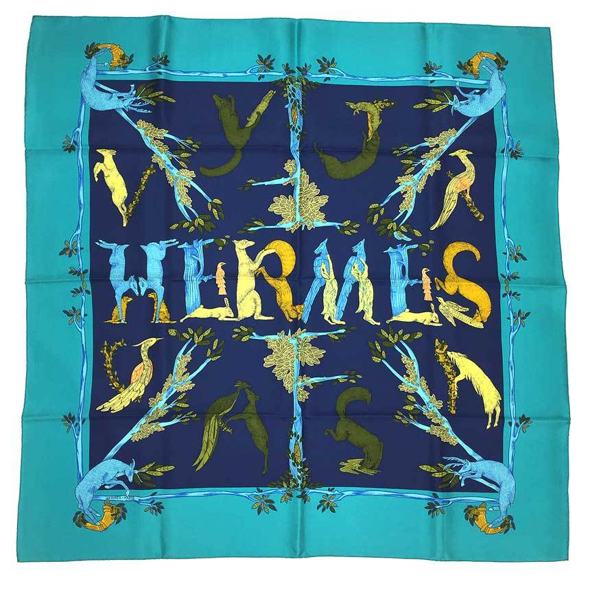 HERMES エルメス スカーフ カレ90 ANIMAL ALPHABET 動物アルファベット 森の動物 aq7381_画像1