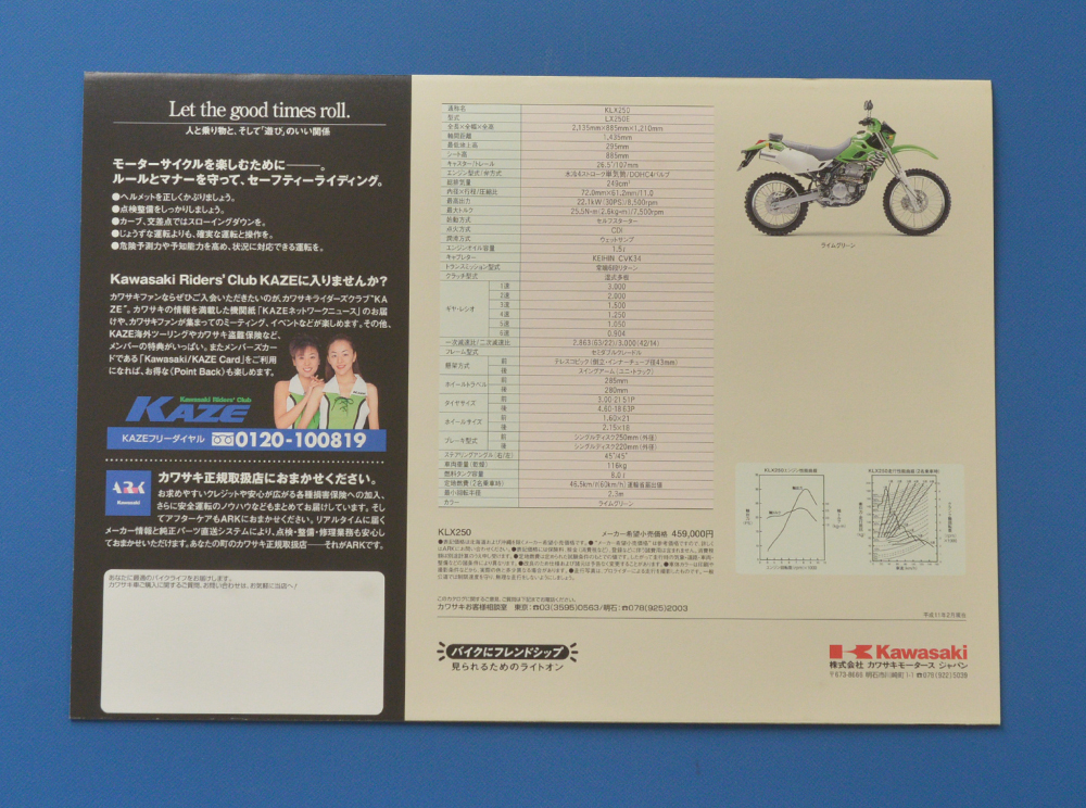 カワサキ　KLX250　KAWASAKI　LX250E　平成11年2月　カタログ　水冷4ストローク単気筒　DOHC4バルブ【K1980-08】_画像4