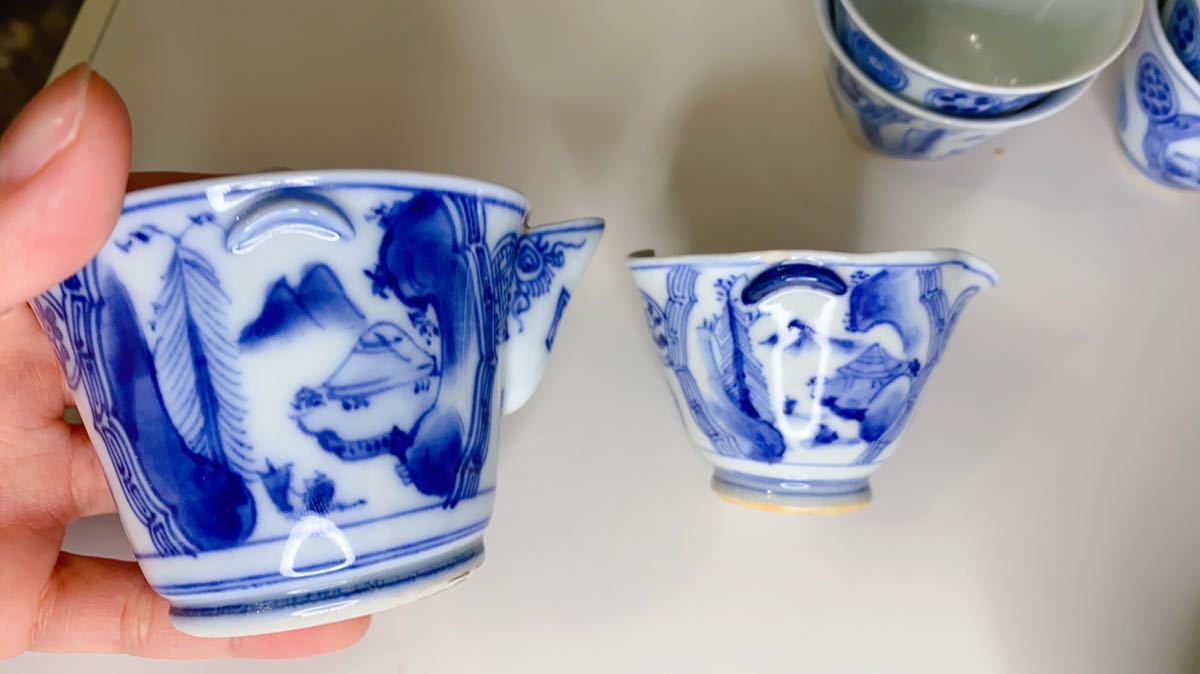 清水焼 京焼 平安 晴華 手描染付 七宝福禄寿 煎茶器 煎茶道具 骨董 徳泉 茶器 染付 煎茶 茶道具 骨董 急須 湯飲み 湯冷し