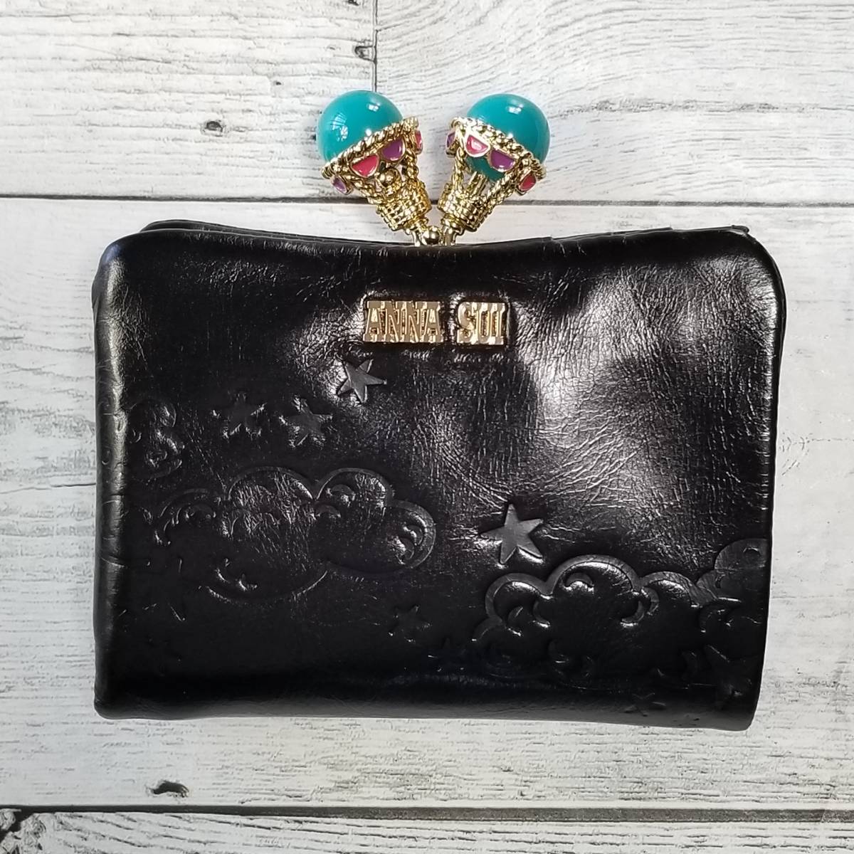 バルーン♪【送料無料】新品◇ANNA SUI アナスイ◇本革 がま口二つ折り財布/内口金二つ折り財布/がま口財布 ブラック 黒*気球 ネコ 猫