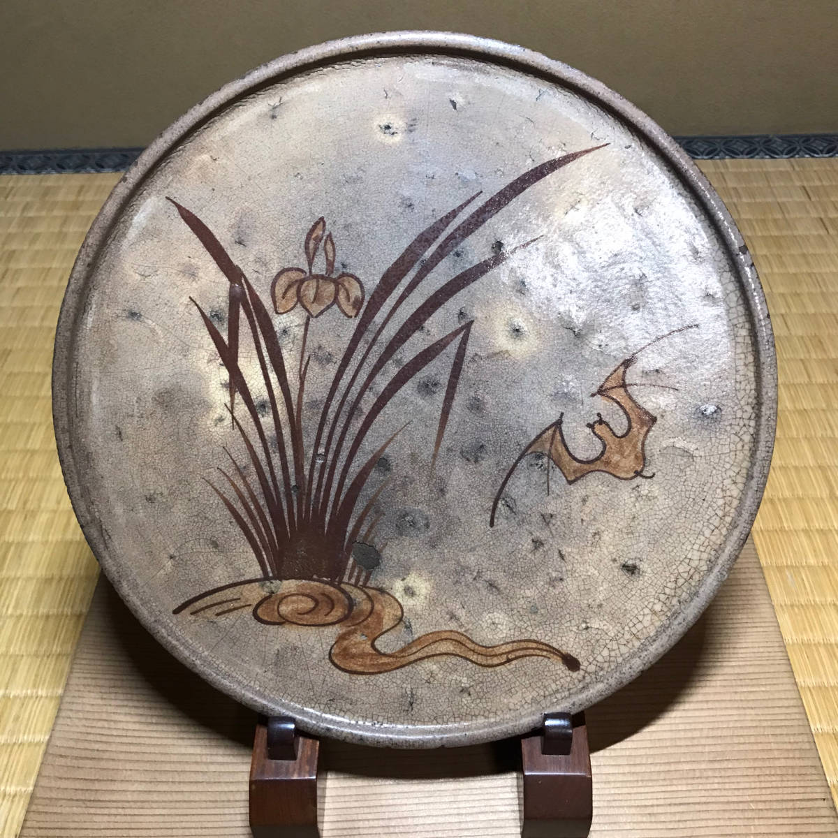 時代 陶磁器 江戸時代 古瀬戸 絵瀬戸 行灯皿/行燈皿/油皿 な図柄/菖蒲