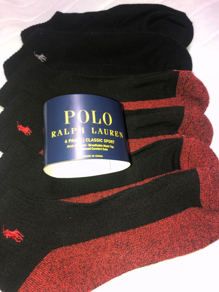 POLO ラルフローレン新品！3足セット マーク刺繍アンクルソックス 25-27cm 黒 赤 RALPHLAUREN