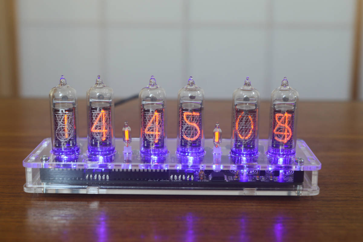 キニシー管付き新品>IN-14 ニキシー管時計 LED バックライ6桁表示-