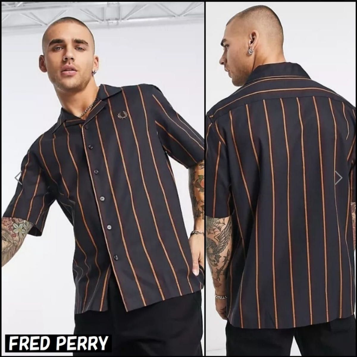 FRED PERRY フレッドペリー チェスト ロゴ 刺繍 半袖 ストライプ シャツ オープンカラーシャツ 半袖シャツ M