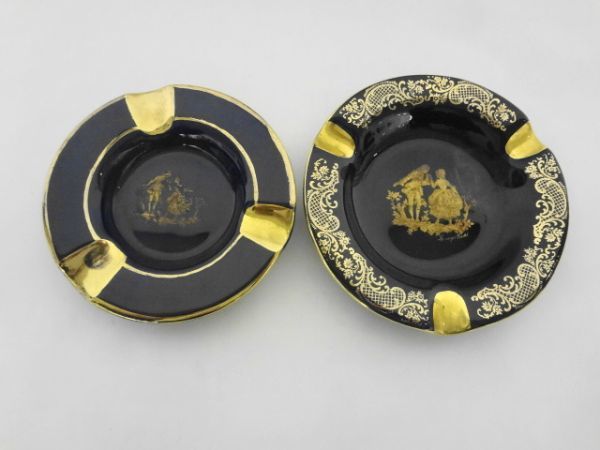 AN23-013 LIMOGES リモージュ カステル フランス製 灰皿 2個 セット 金彩 陶磁器 ロココ調 ゴールド ブルー 喫煙 洋風 雑貨 使用感ありの画像1