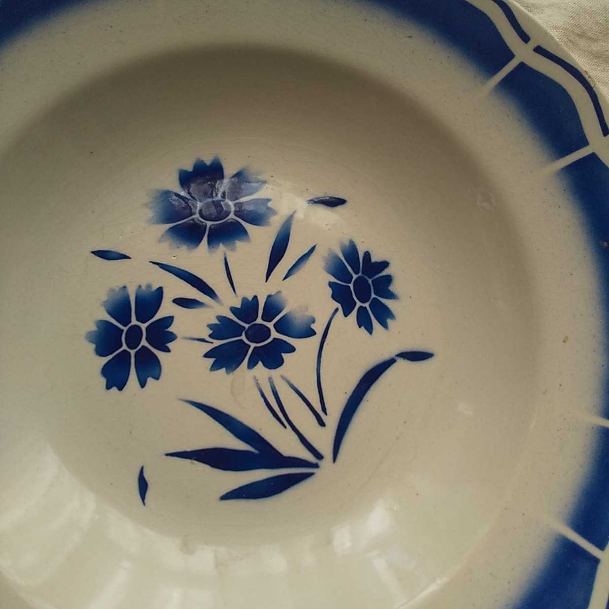 フランスアンティーク ブルー花柄深皿 縁どり柄 訳あり送料無料_画像5