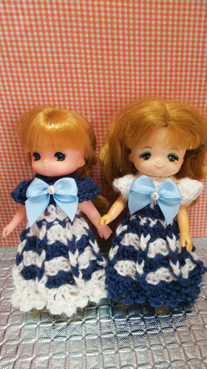 リカちゃん妹 ミキちゃんマキちゃん あおいちゃんに 手編みワンピース、バッグの4点セット ネイビー&ホワイト_お人形は付きません。