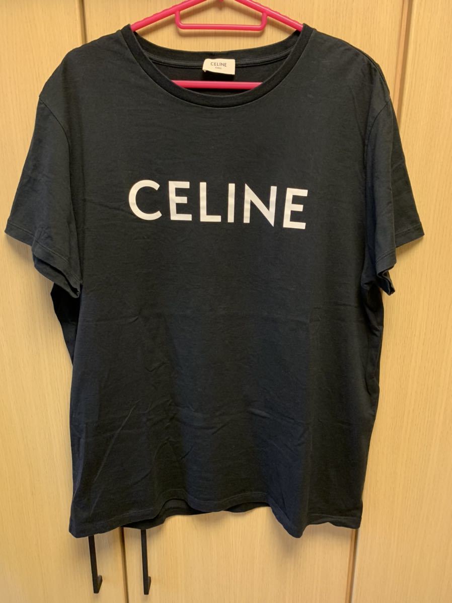 正規 19AW CELINE セリーヌ Hedi Slimane エディスリマン ロゴ プリント クルーネック Tシャツ 黒 XL 2X308916G_画像1