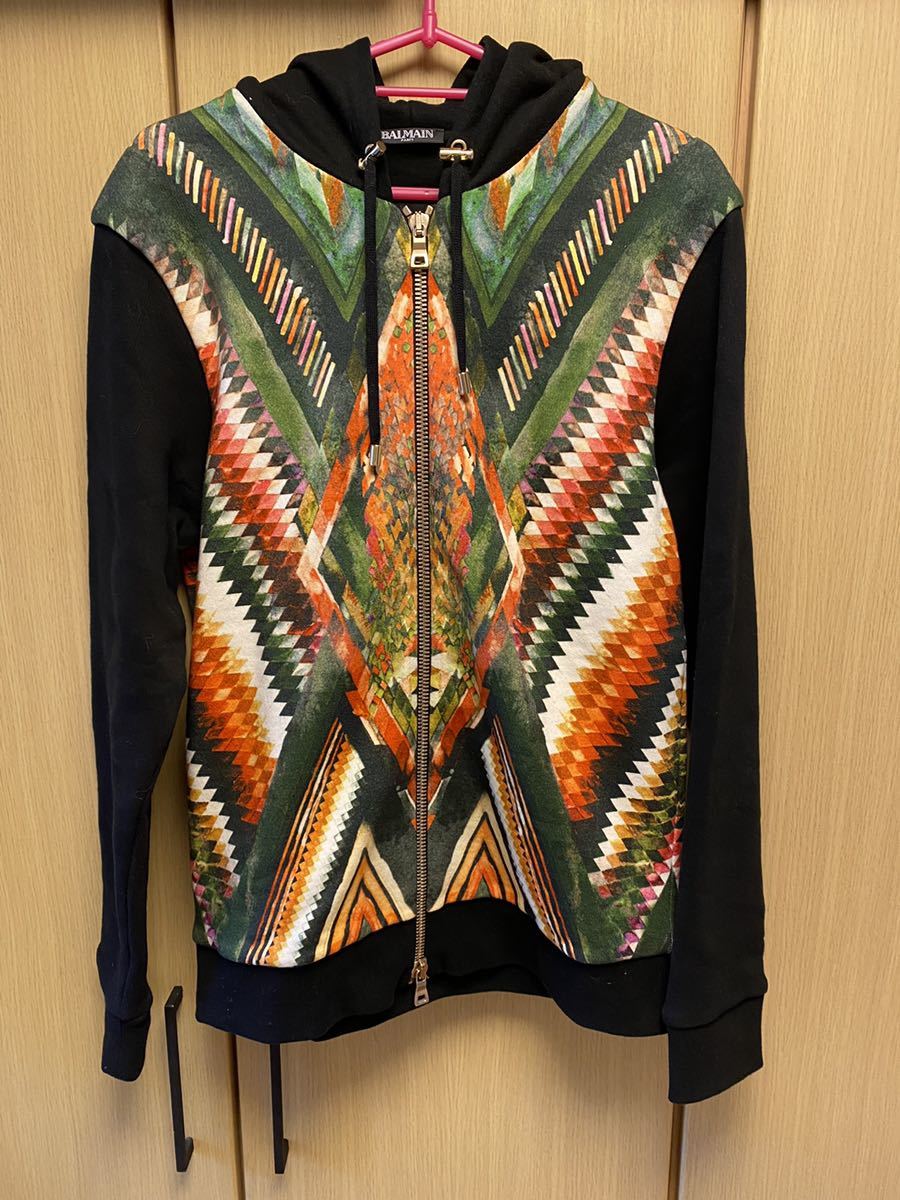 国内正規 17SS BALMAIN バルマン サイケデリック 柄 ジップアップ フーディー パーカー XS S7H6042l027_画像1