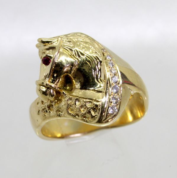 送料無料 ギフト ◎中古美品◎18金 ダイヤ 0.23ct ルビー 馬デザイン メンズリング 26号 ゴールド