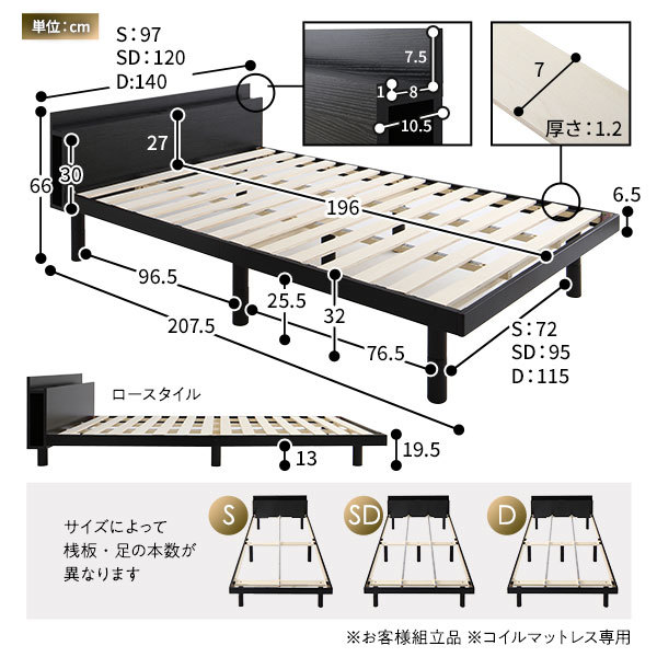 ベッド ブラック セミダブル フレームのみ すのこ 棚付 コンセント付 スマホスタンド 頑丈 木製 シンプル モダン ベッド下収納ds-2378761_画像3