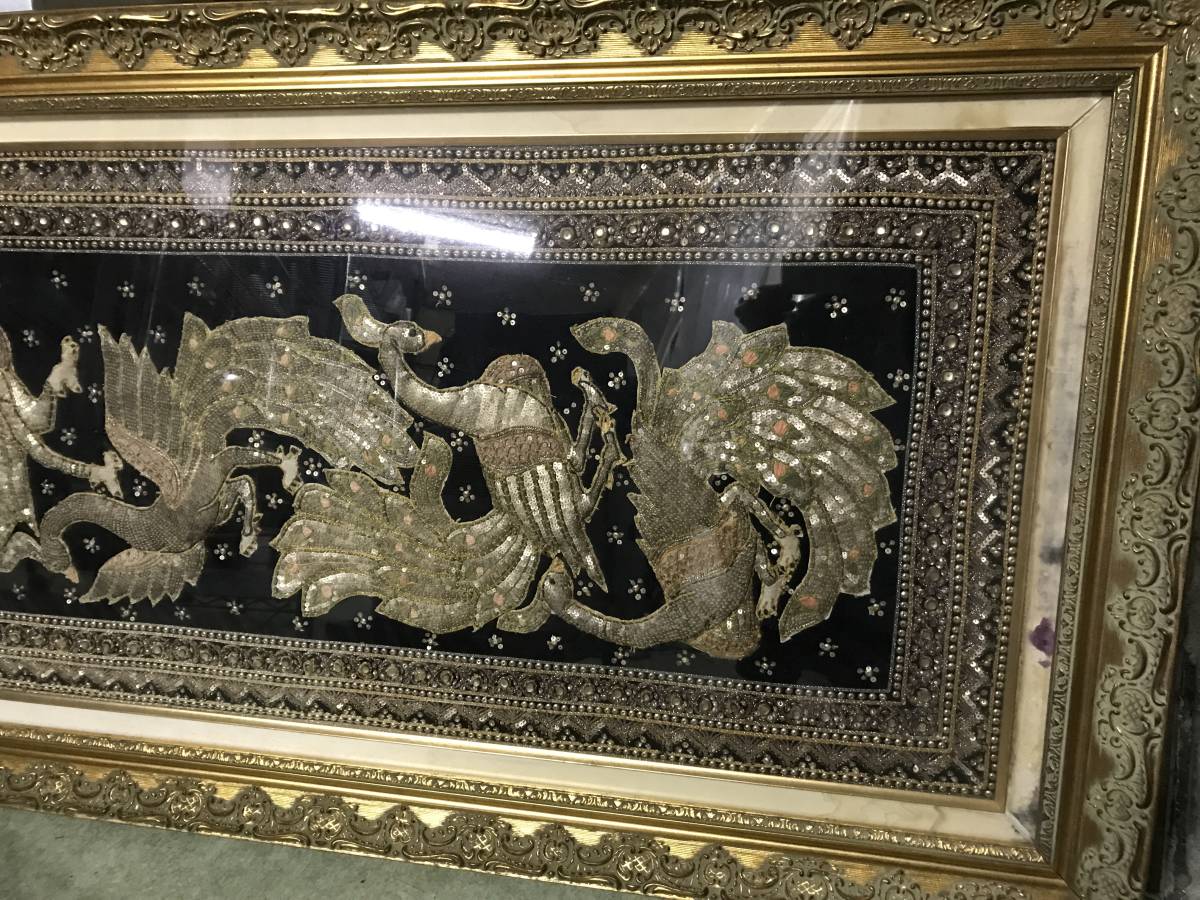 YS1364☆154×72㎝ 大判 額入り タイ 民族工芸 鳥 孔雀 刺繍画 ビーズ