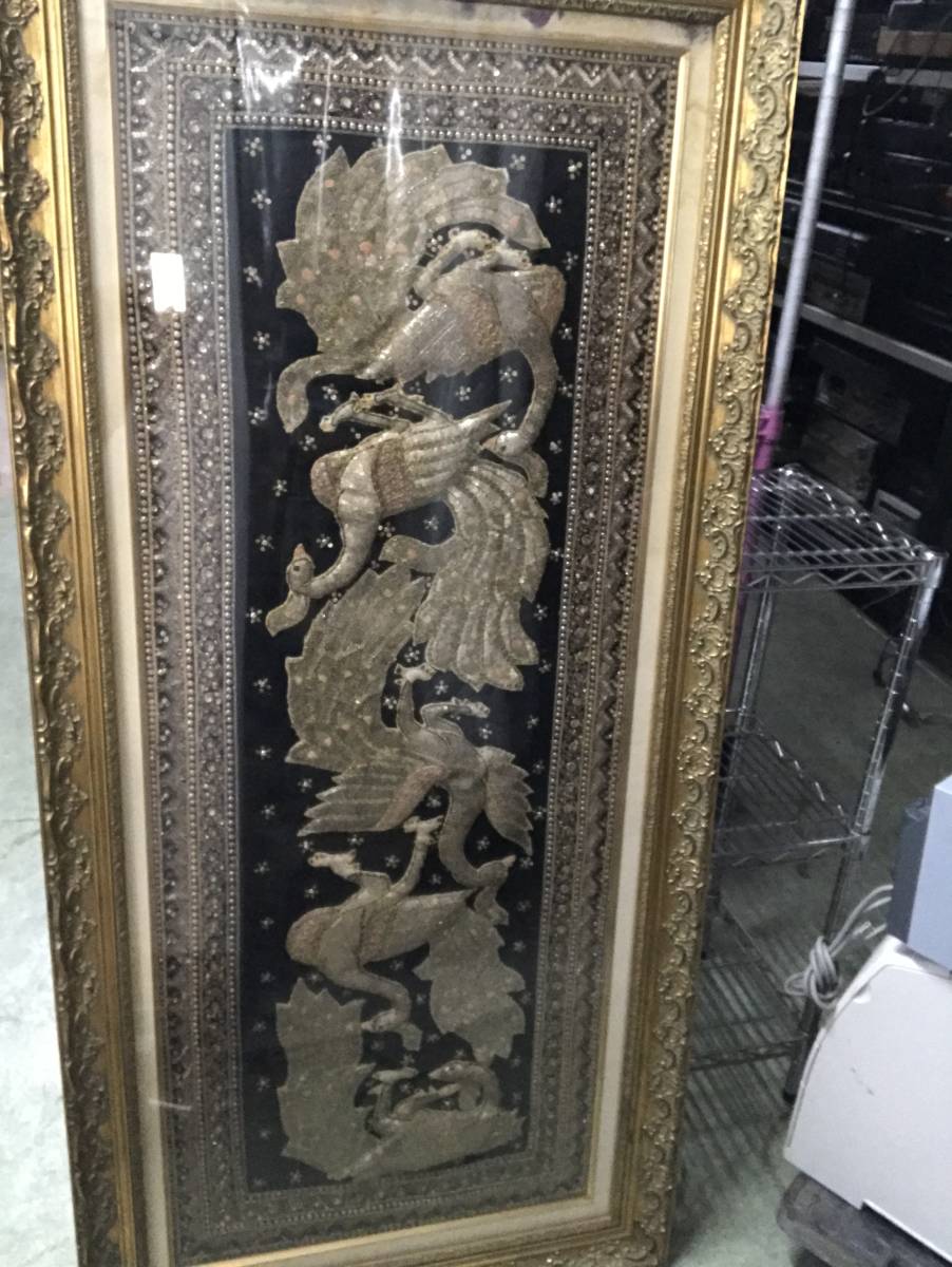 YS1364☆154×72㎝ 大判 額入り タイ 民族工芸 鳥 孔雀 刺繍画 ビーズ