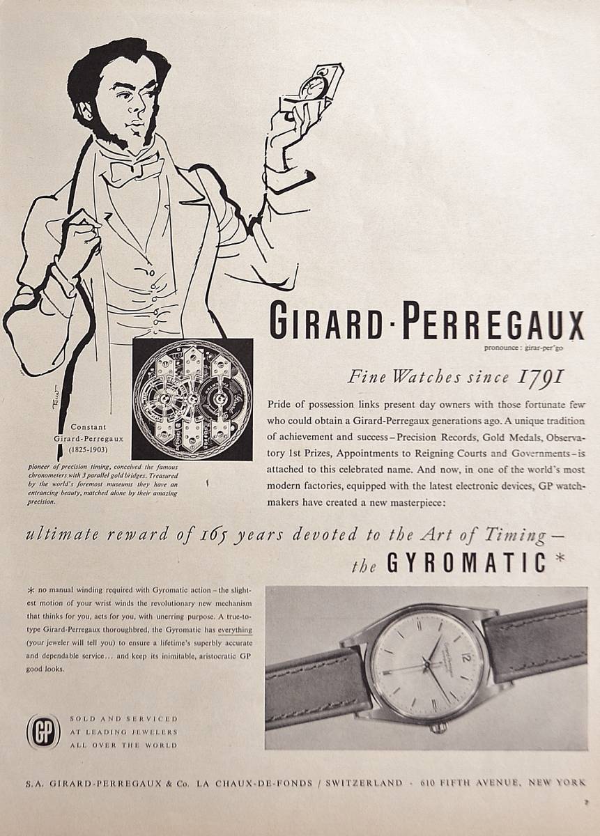 稀少・時計広告！1950年代ジラール・ペルゴ 時計広告/Girard-Perregaux Gyromatic Watch/H_画像1