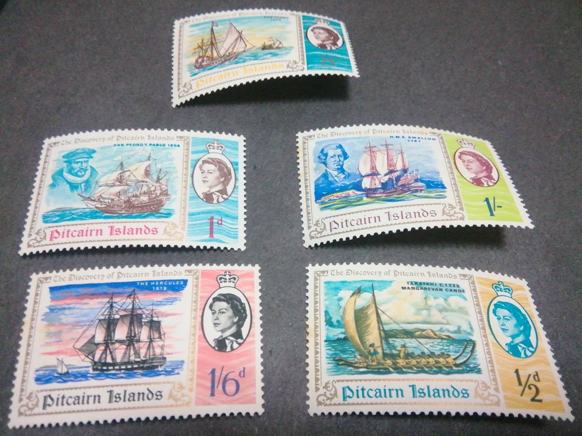 トピカルテーマ：エリザベスII 世を描く切手、PITCAIRN Is. 1967 諸島発見 ５種完セット、未使用美品の画像1