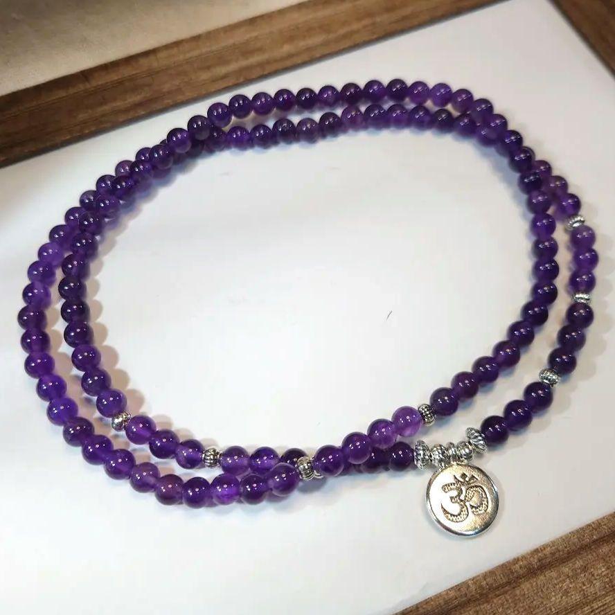 深紫のアメジストの６ｍｍ１０８粒のロングネックレス、数珠ブレスレット、マーラー 念珠　数珠　開運　お守り_画像3