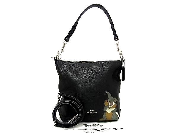1円 美品 COACH コーチ F14922 ミニアビーダッフル ディズニー コラボ レザー 2WAY ハンドバッグ ショルダー ブラック系 AG7362ノス