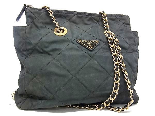 1円 PRADA プラダ テスートナイロン チェーン キルティング トート ショルダーバッグ 肩掛けかばん レディース ダークグリーン系 AI0015jN
