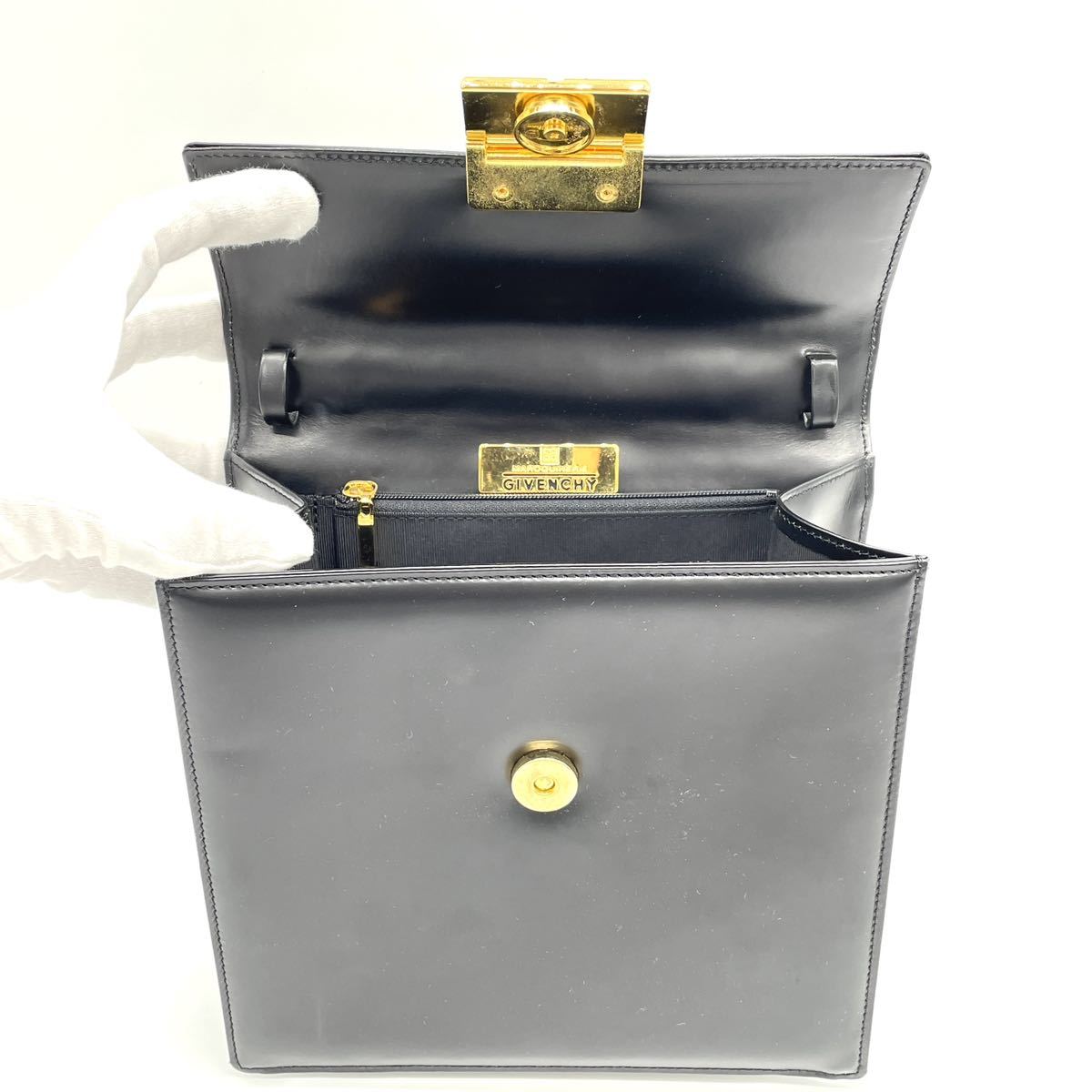 1円 極美品 GIVENCHY ジバンシイ ジバンシー カーフレザー 2way ハンドバッグ ショルダー ブラック 黒 4Gロゴ ゴールド金具 箱つき