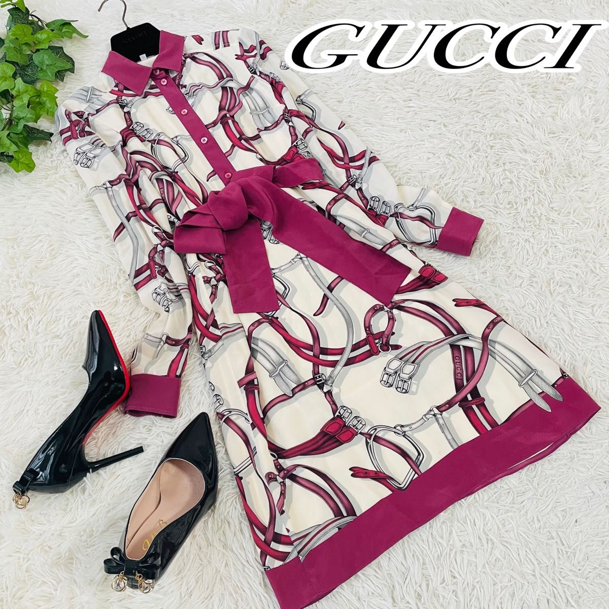 美品】GUCCIグッチ 長袖膝丈ワンピース ベルト柄 ロゴ入 サイズ38-