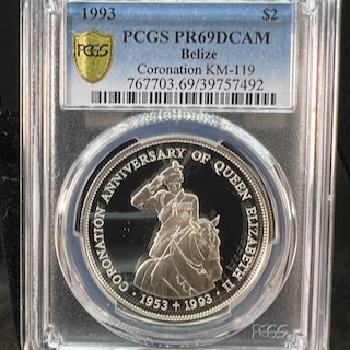 ＃130【1円スタート超希少わずか鑑定3枚】1993 PCGS PR69 DCAM Belize Coronation KM-119 $2 銀貨の画像3