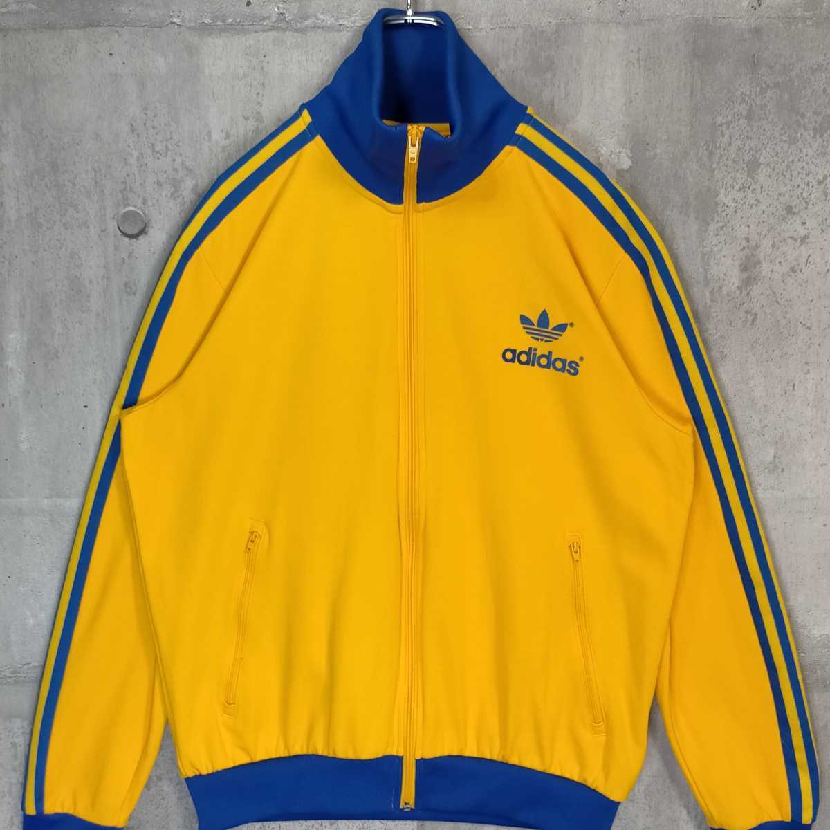 人気カラー 3XL adidas アディダス 黄 青 ロゴ Yellow Blue イエロー ブルー ジャージ 降る トレフォイル 上着  トラックジャケット 刺繍