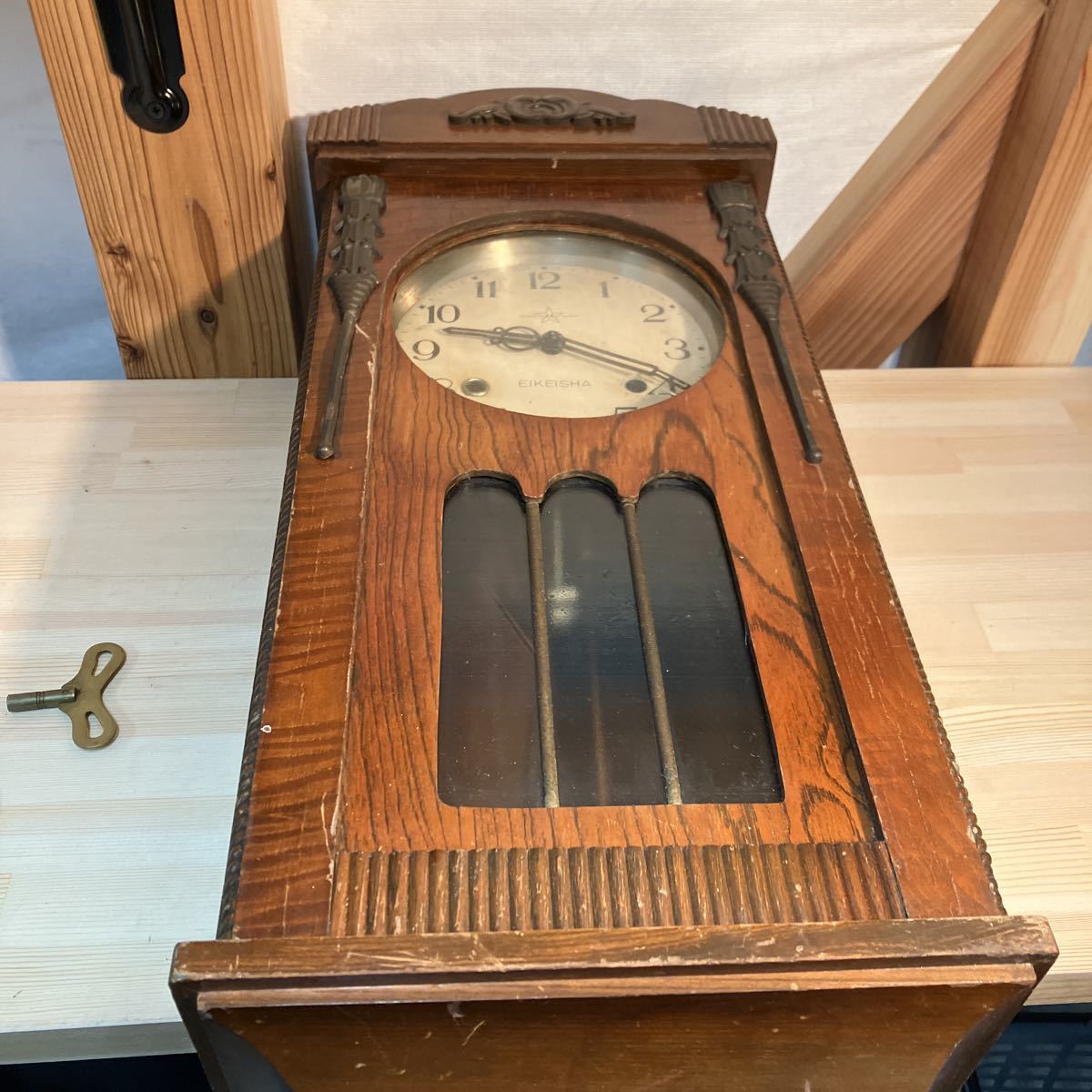 アンティーク 昭和レトロ ゼンマイ 柱時計 振り子時計 栄計舎製 