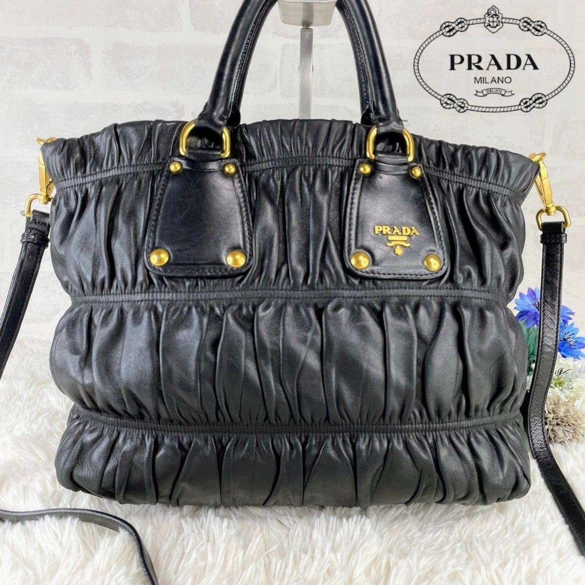 美品！✨】PRADA プラダ トートバッグ ハンド ギャザー 金ロゴ-