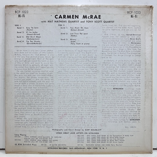 ●即決VOCAL LP Carmen McRae / with Mat Mathews Quartet And Tony Scott Quartet jv3811 米オリジナル、10インチDg Mono フラット _画像4