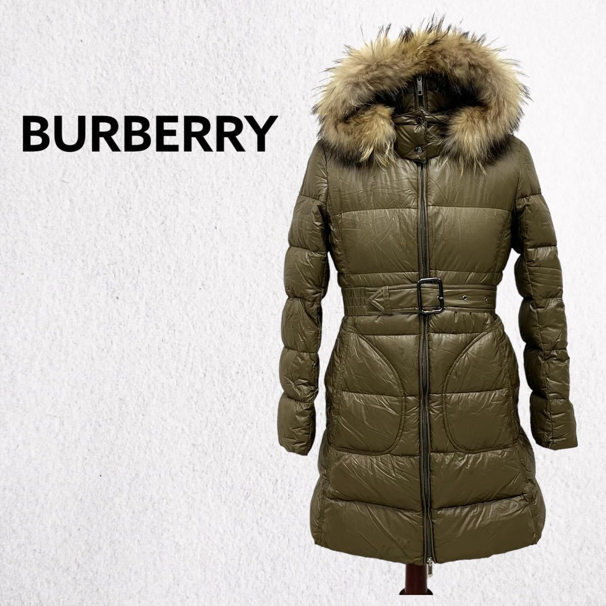 BURBERRY LONDON バーバリー ロンドン ナイロン ラクーンファー フード付き ダウンコート レディース FS066-800-78_画像1