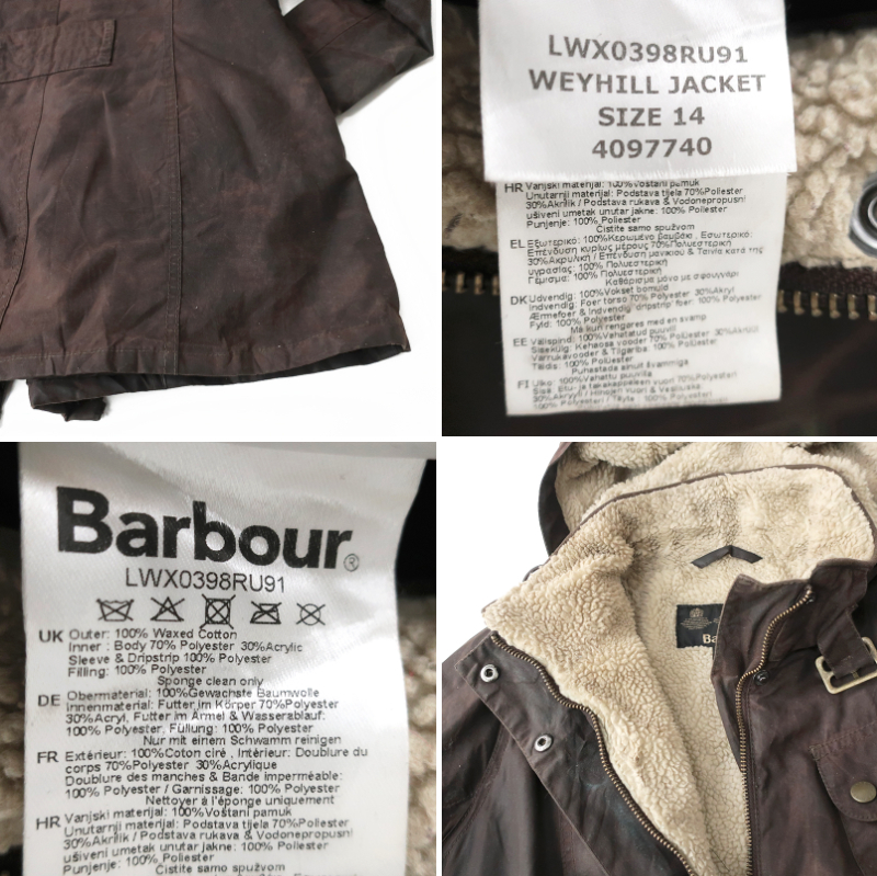 無骨感◎Barbour バブアー WEYHILL JACKET ワックスジャケット フーディコート ボア裏地　14(L)_画像4