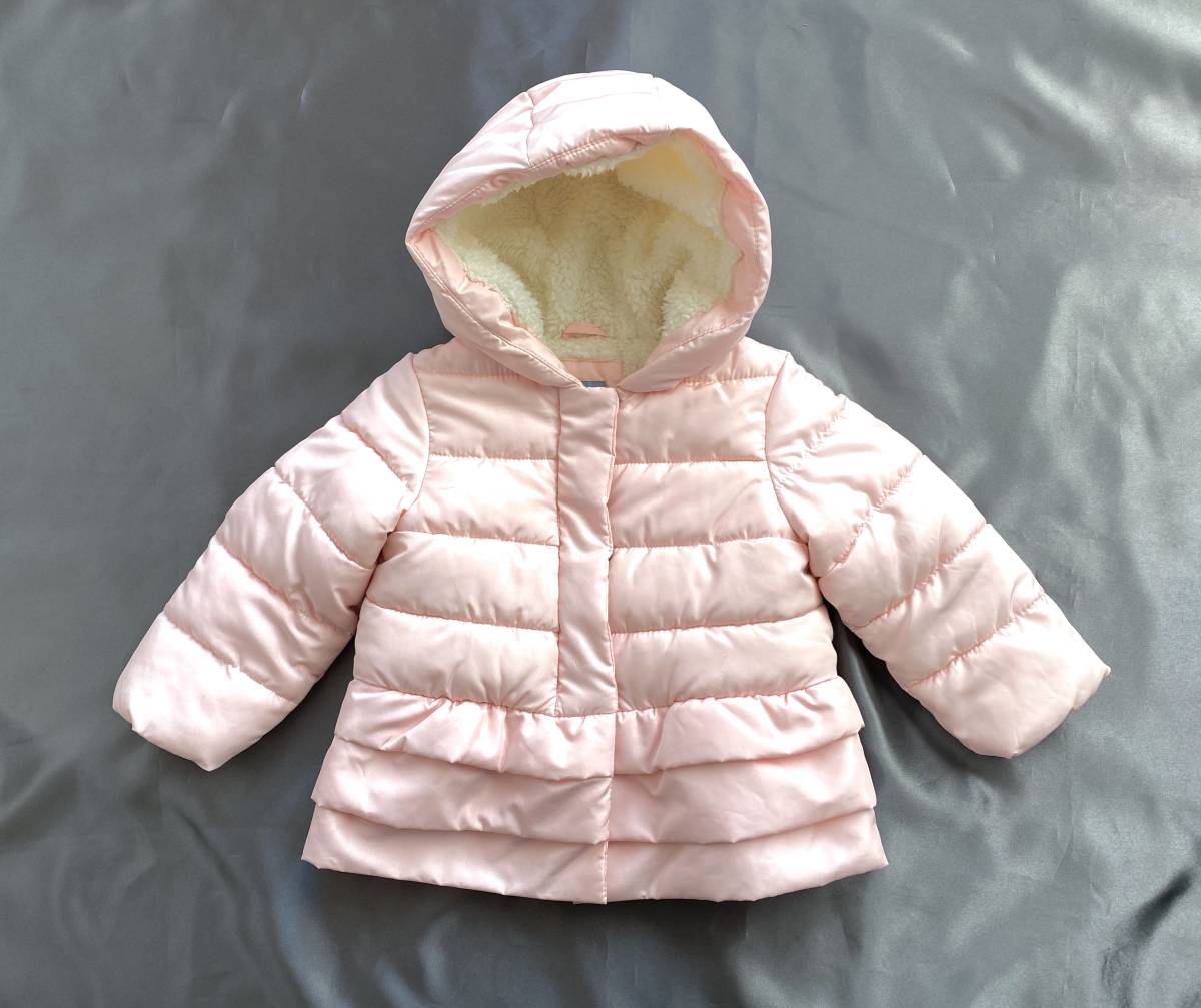 Baby Gap ベビー ギャップ フリル コート 90 内側ボア 淡い ピンク フード付 中綿入り ジャケット アウター 子供 キッズ E679_画像1