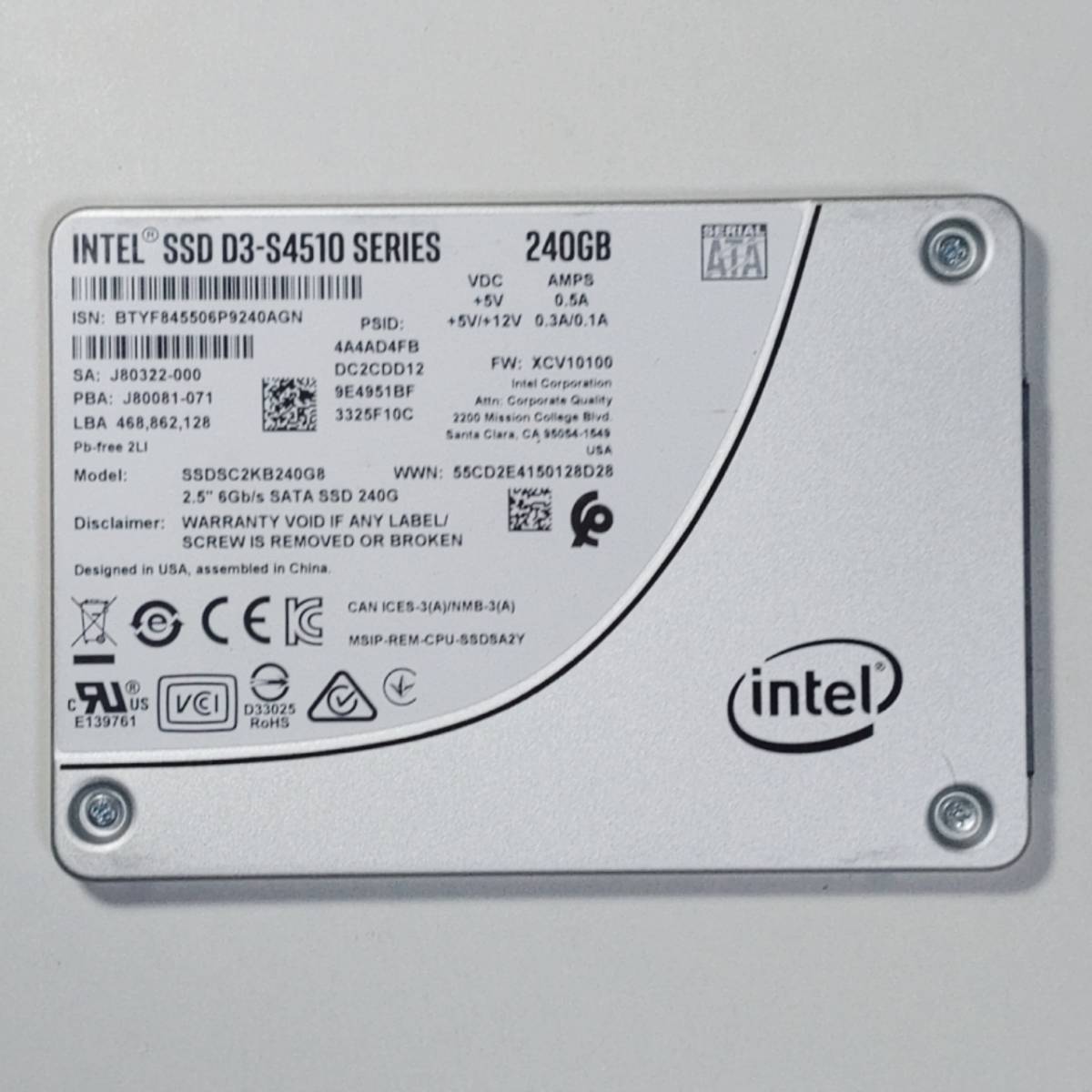 【良品】【4個セット】Intel SSD D3-S4510 SERIES 240GB