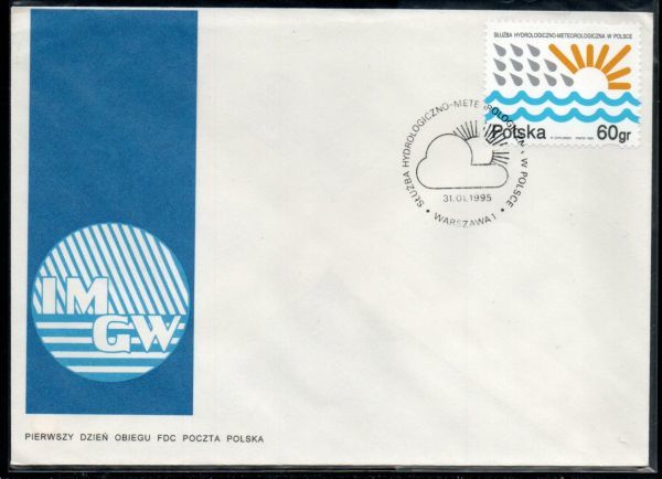 FDC H114 ポーランド 気象サービス75年 天気 太陽 雨 雲 1V完貼り 1995年発行 初日カバー_画像1