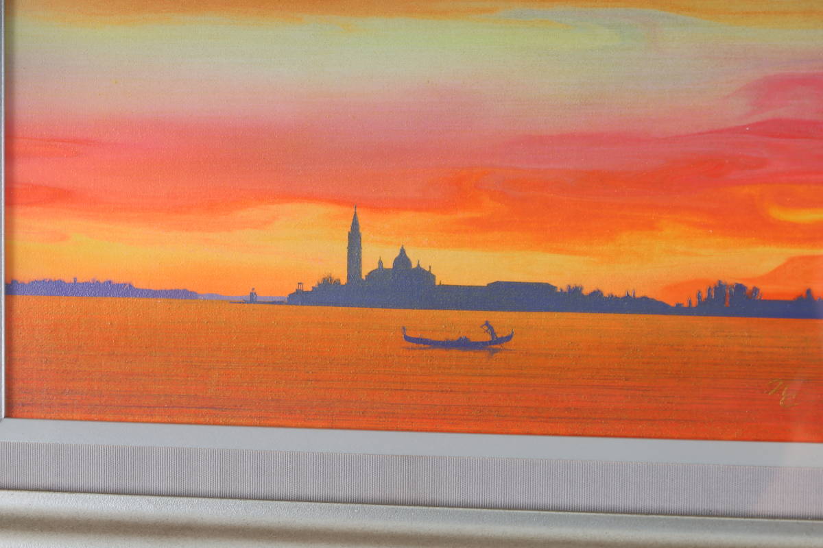 ④鎮西直秀 タイトル不明 ヴェネチアの夕景 油彩 絵画 額装 油彩画 油絵 _画像3