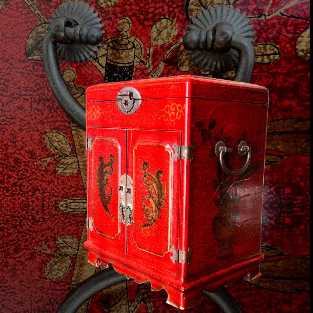 珍しい 時代 中国美術 明代金彩手描き鳳凰 化粧箱/宝石箱鏡付き ミニ