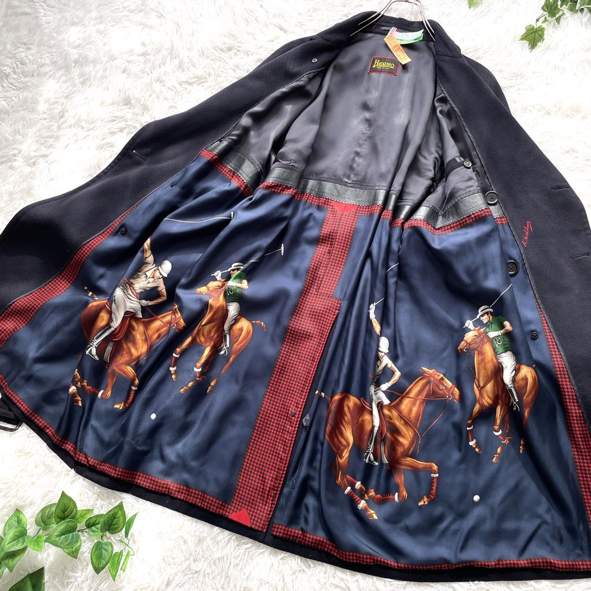美品 Herno ヘルノ ダブルチェスターコート カシミヤ100% ロングコート 絵柄 ダブルブレスト ロングコート 紺 ネイビー