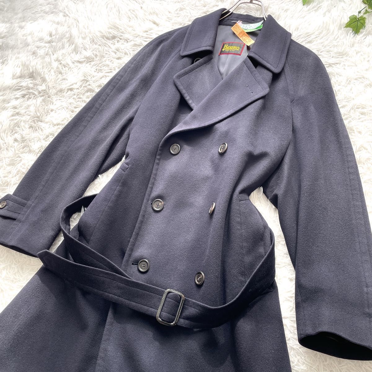 美品 Herno ヘルノ ダブルチェスターコート カシミヤ100% ロングコート 絵柄 ダブルブレスト ロングコート 紺 ネイビー