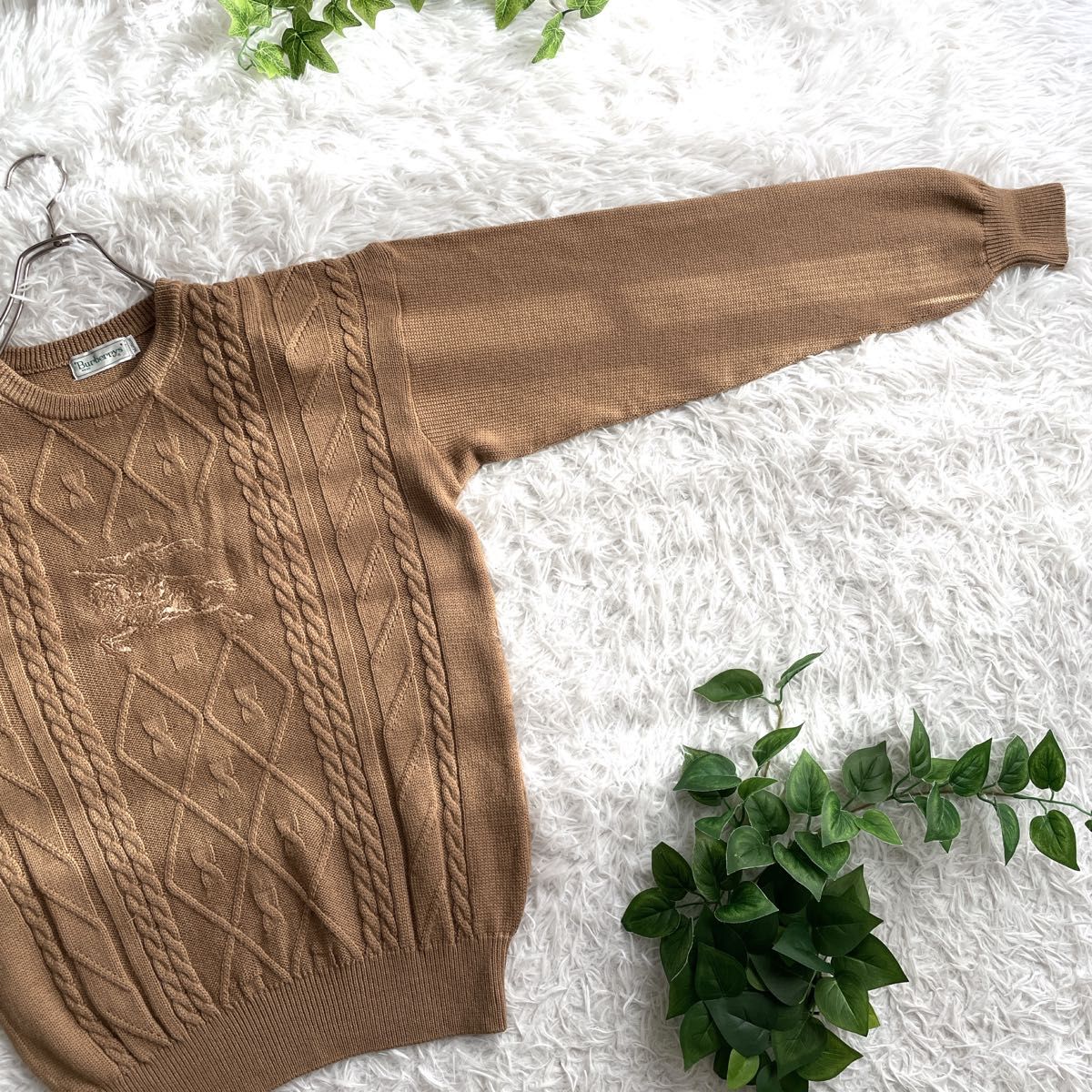 オールド 希少 Burberrys ホース 刺繍ロゴ ケーブルニット セーター バーバリー ヴィンテージ ウール100% 茶