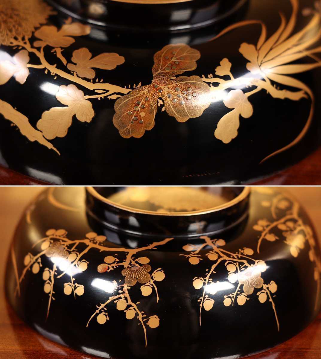 CB36 超絶技巧時代輪島塗 黒塗四君子本金蒔絵椀二客 高盛梨地細