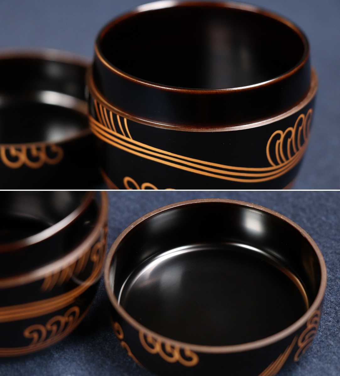 CB6 塗師辻石斎 鯉波紋金蒔絵黒塗棗 共箱共布 山中塗 茶道具 CB6 塗師辻石斎 鯉波紋金蒔絵黒塗棗 共箱共布 山中塗 茶道具