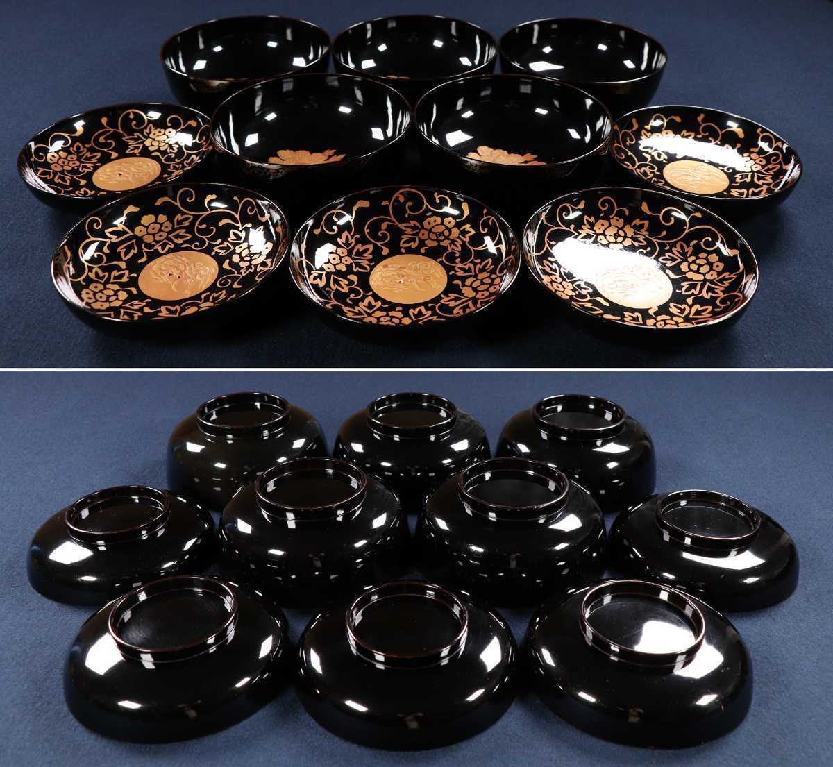 CB64 能登輪島塗唐獅子花唐草金蒔絵黒塗煮物椀三客 高盛螺鈿茶懐石木製