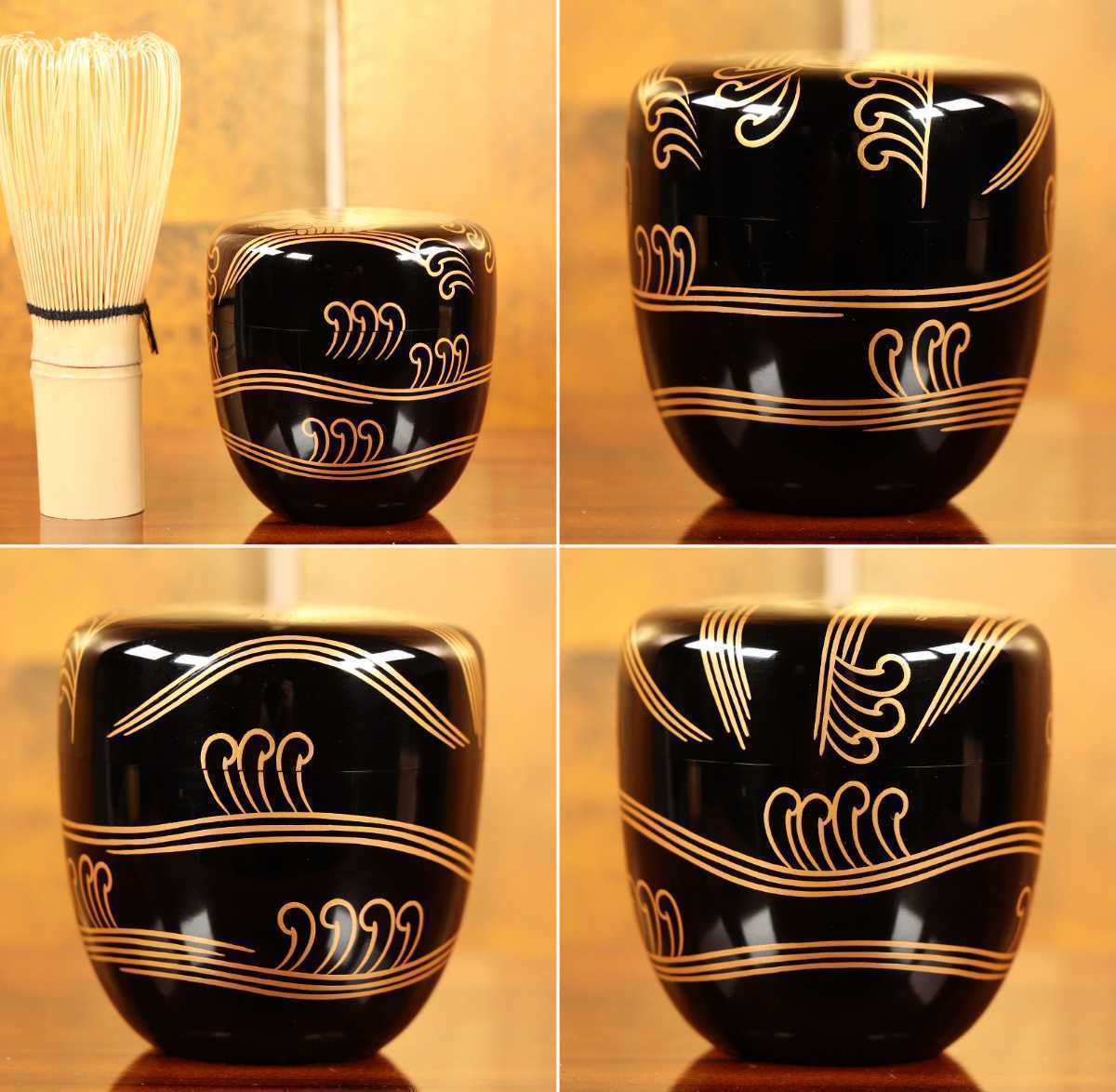 CB6 塗師辻石斎 鯉波紋金蒔絵黒塗棗 共箱共布 山中塗 茶道具 CB6 塗師辻石斎 鯉波紋金蒔絵黒塗棗 共箱共布 山中塗 茶道具