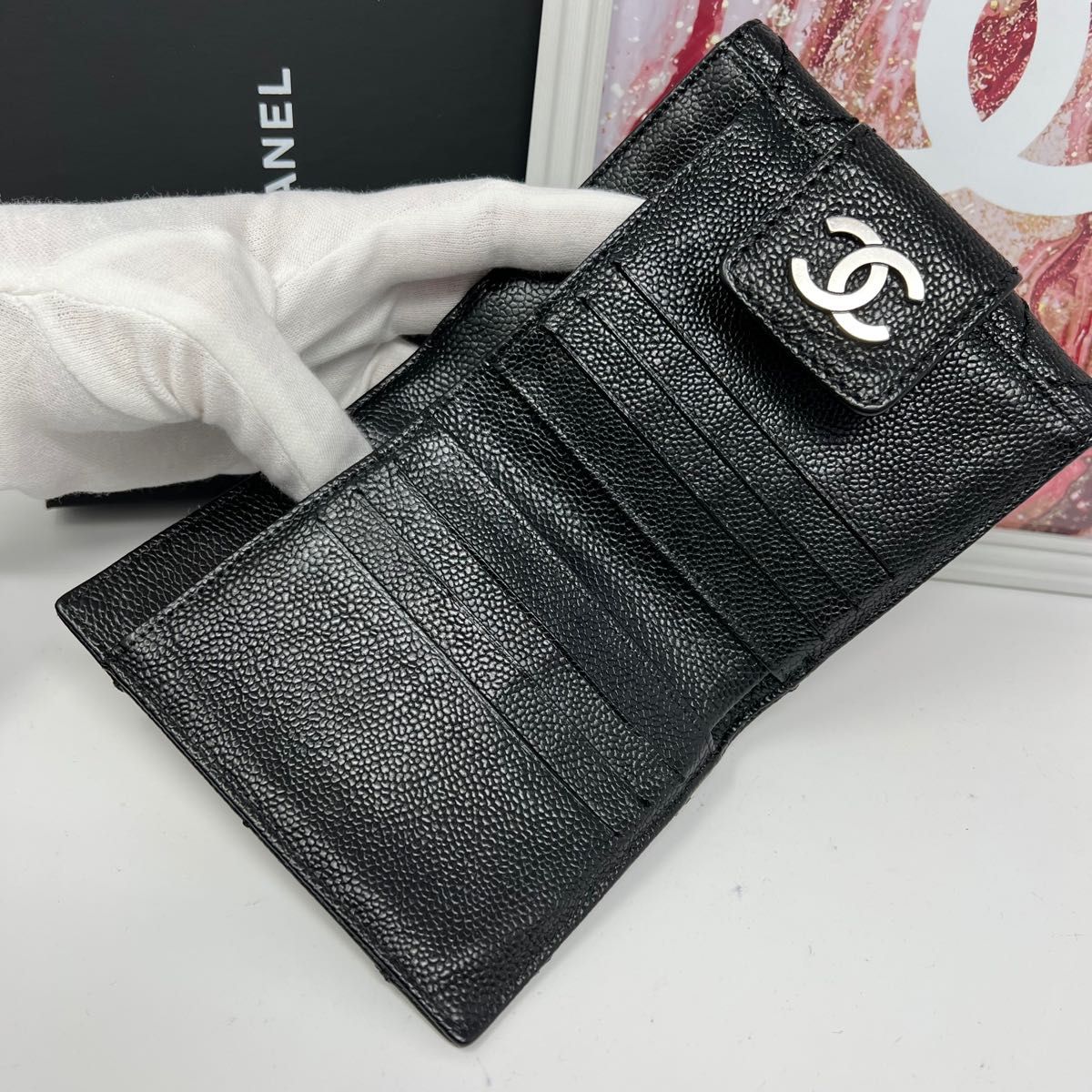 CHANEL シャネル キャビアスキンワイルドステッチ Wホック二つ折財ふ