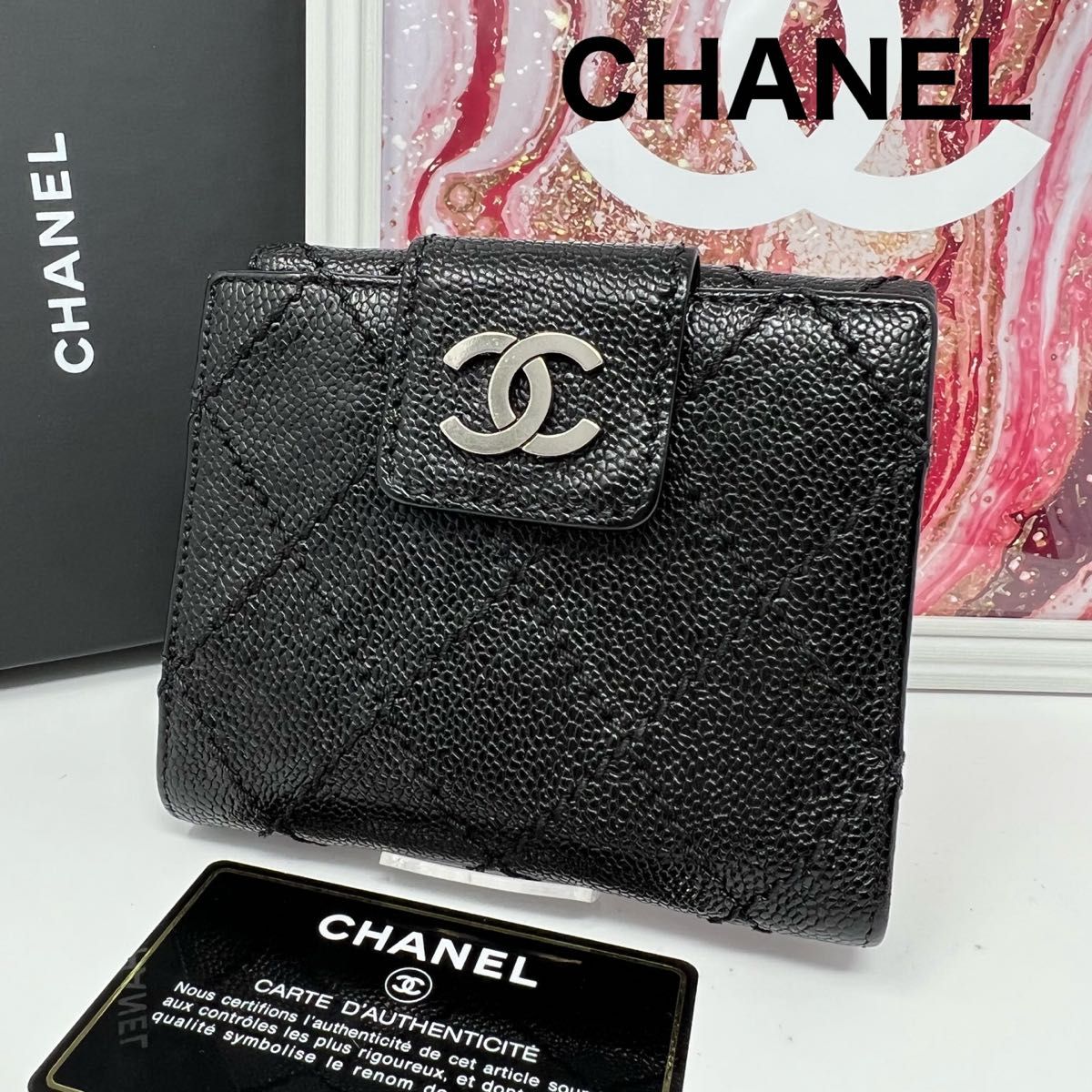 CHANEL シャネル キャビアスキンワイルドステッチ Wホック二つ折財ふ