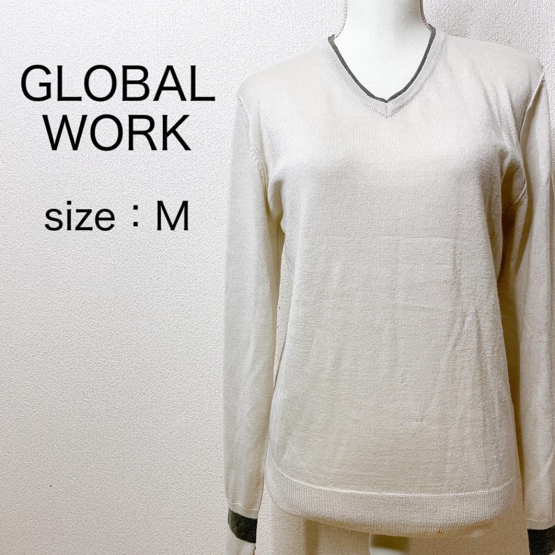 【GLOBAL WORK】グローバルワーク Vネックニット ハイゲージ 長袖 M メンズ カジュアル フェイクレイヤード ストレッチ リブ ウール混の画像1