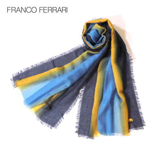 【定価7.1万・新品・186×66】Franco Ferrari（フランコフェラーリ）グラデーションカシミヤストール ブルー×イエロー×ネイビー 1862SS