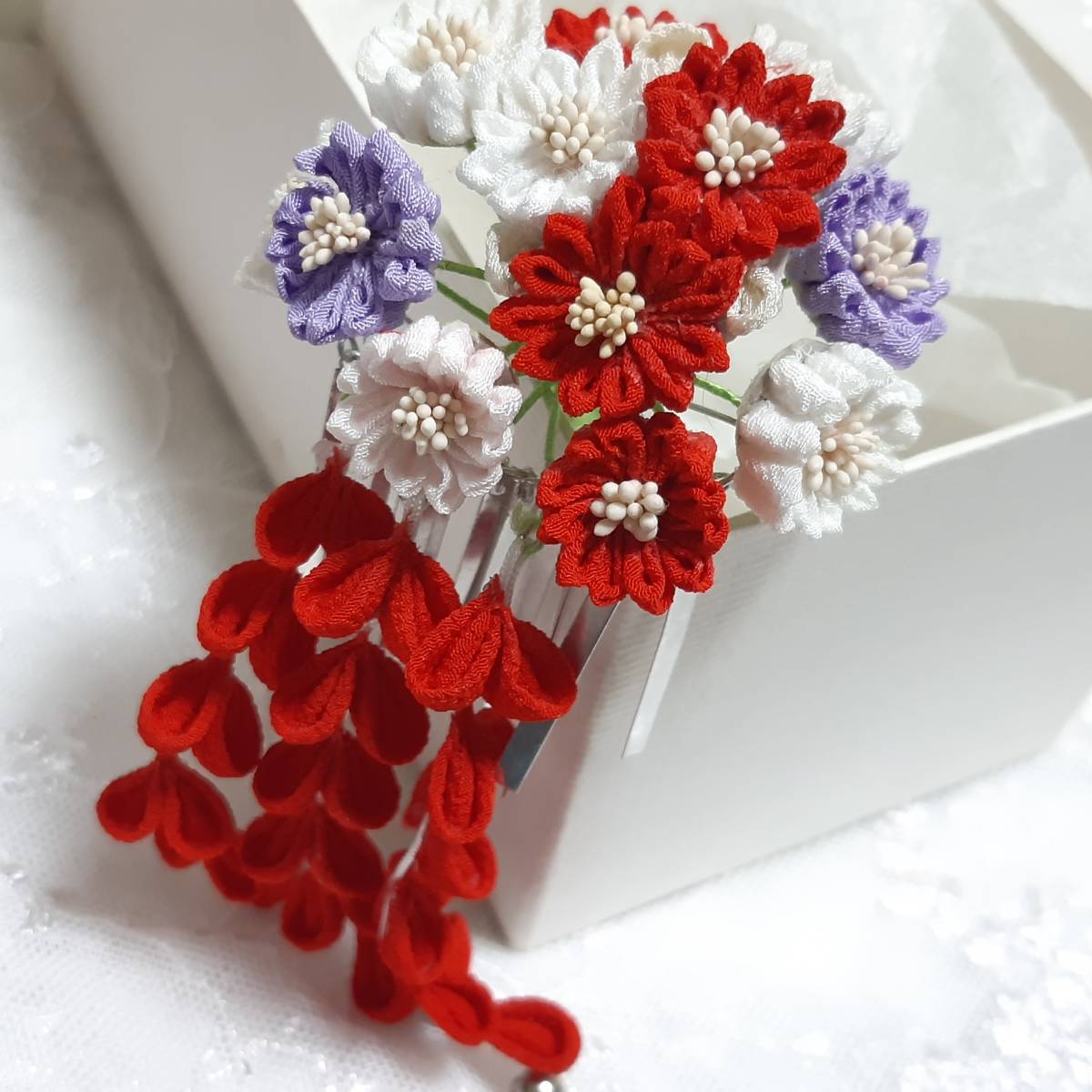 かづら清老舗 ちりめんつまみ細工の花かんざしと鹿の子セット つまみ細工 髪飾り 成人式 卒業式などに 箱入り