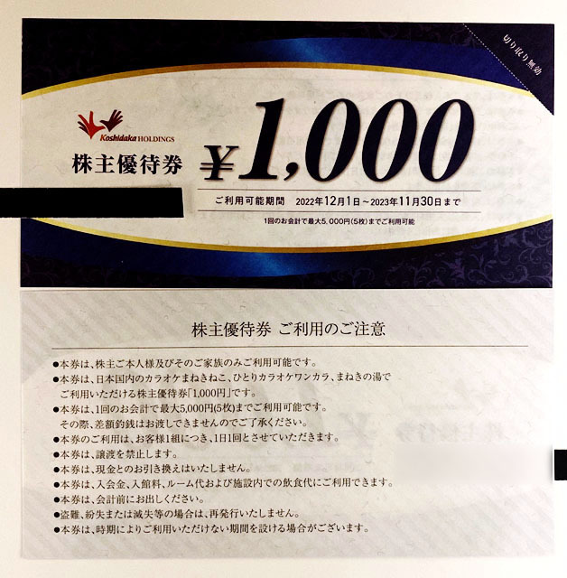 コシダカ 株主優待券 1000円×20枚=20000円分 カラオケまねきねこ